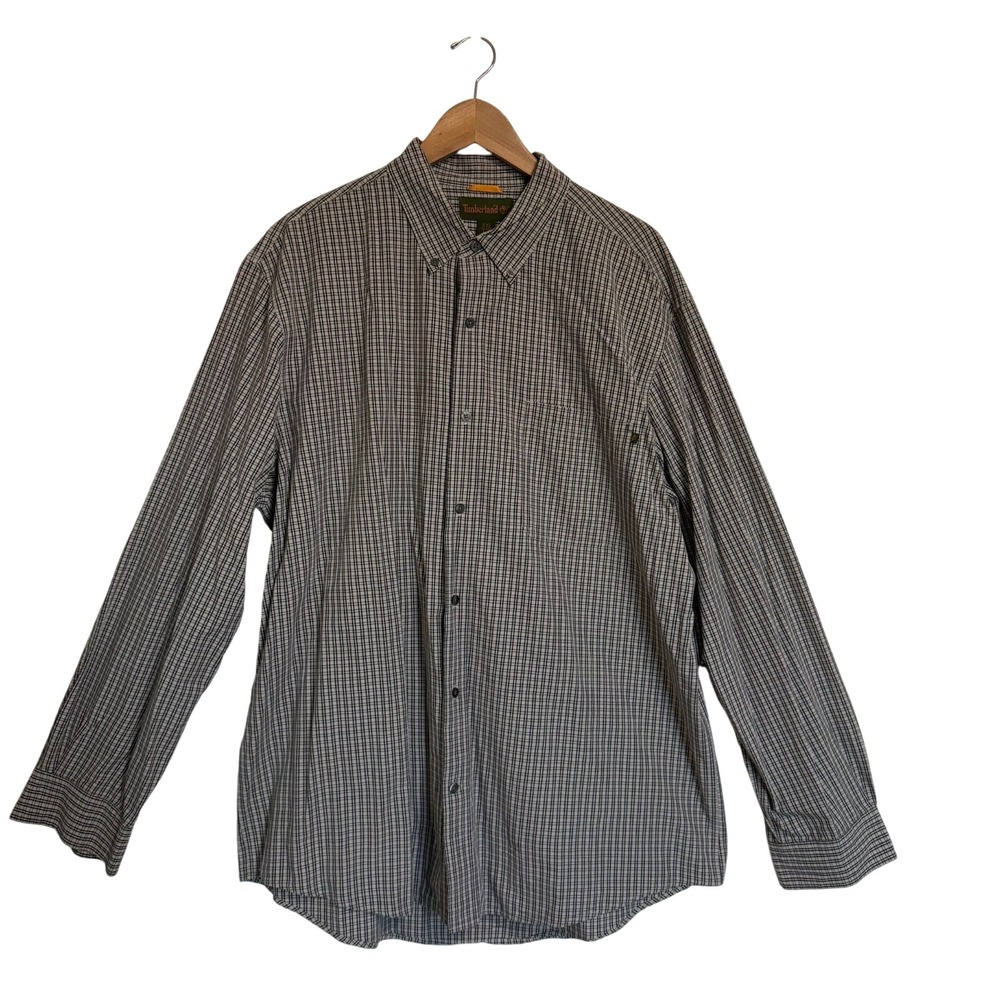 Timberland Button‎ Down Shirt Mens XXL Grey Black Plaid Excellent Long Sleeve